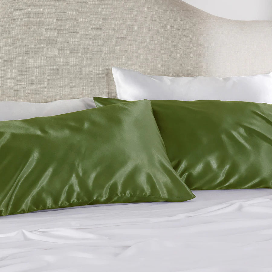Solid Satin Silk Pillowcase 2 Pack - Olive Green