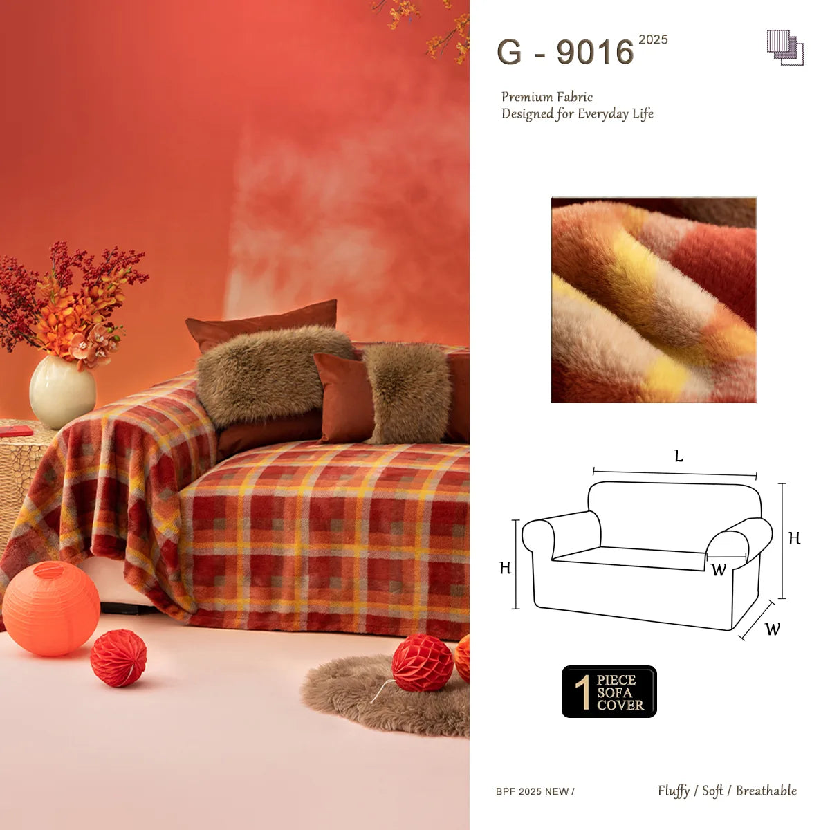 G 9016 Red Luck Grid Fur-Free Sofa Cover | Retro Plaid Custom Cover