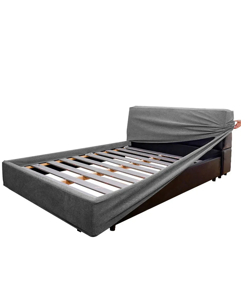 Upholstered Platform Bed + Headboard Cover | Elara Flax