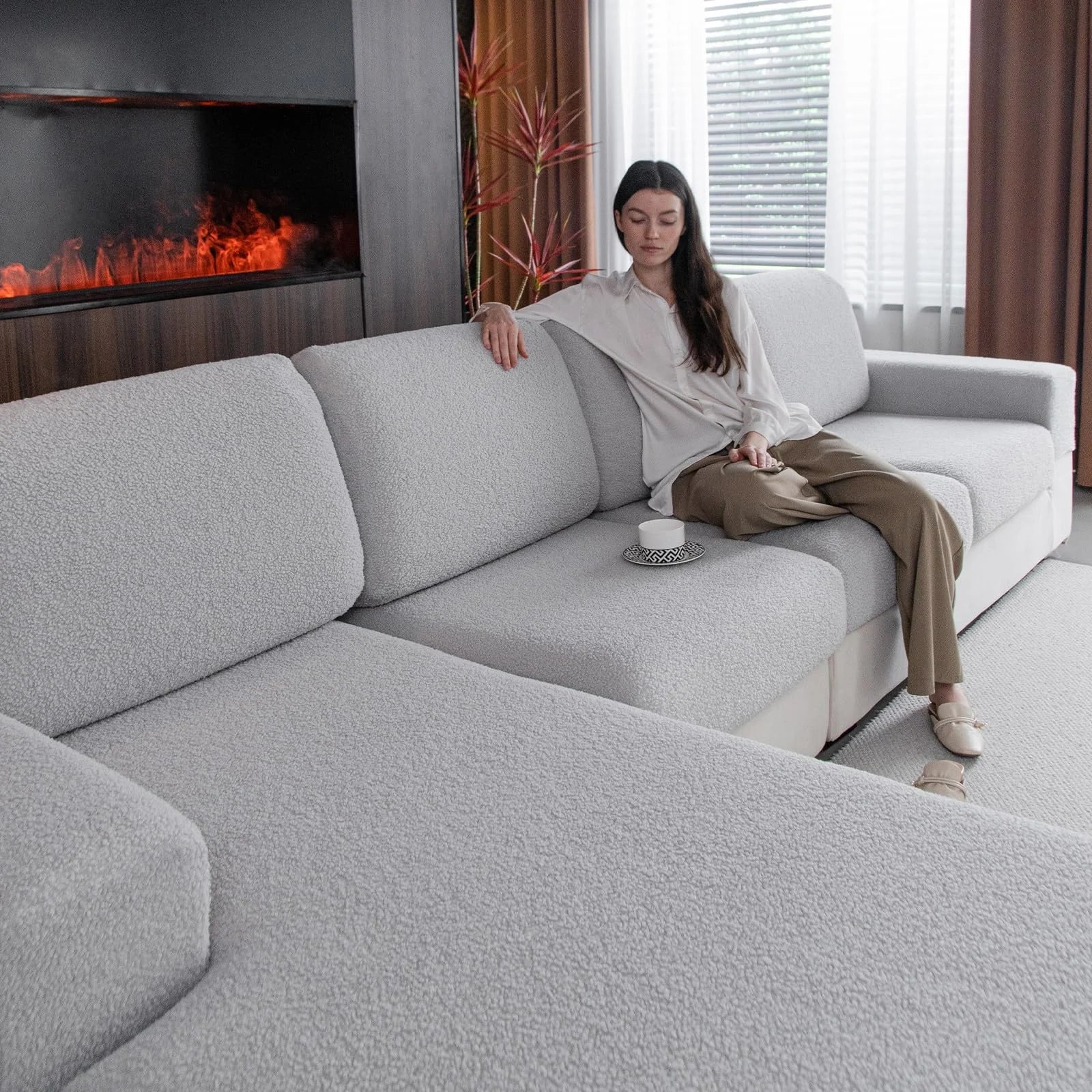 Performance Solid Bouclé Stretch Sofa Cushion Cover - Light Gray