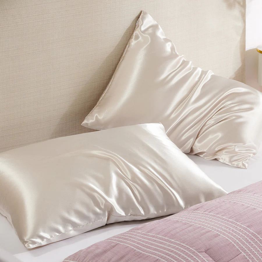 Solid Satin Silk Pillowcase 2 Pack - Beige