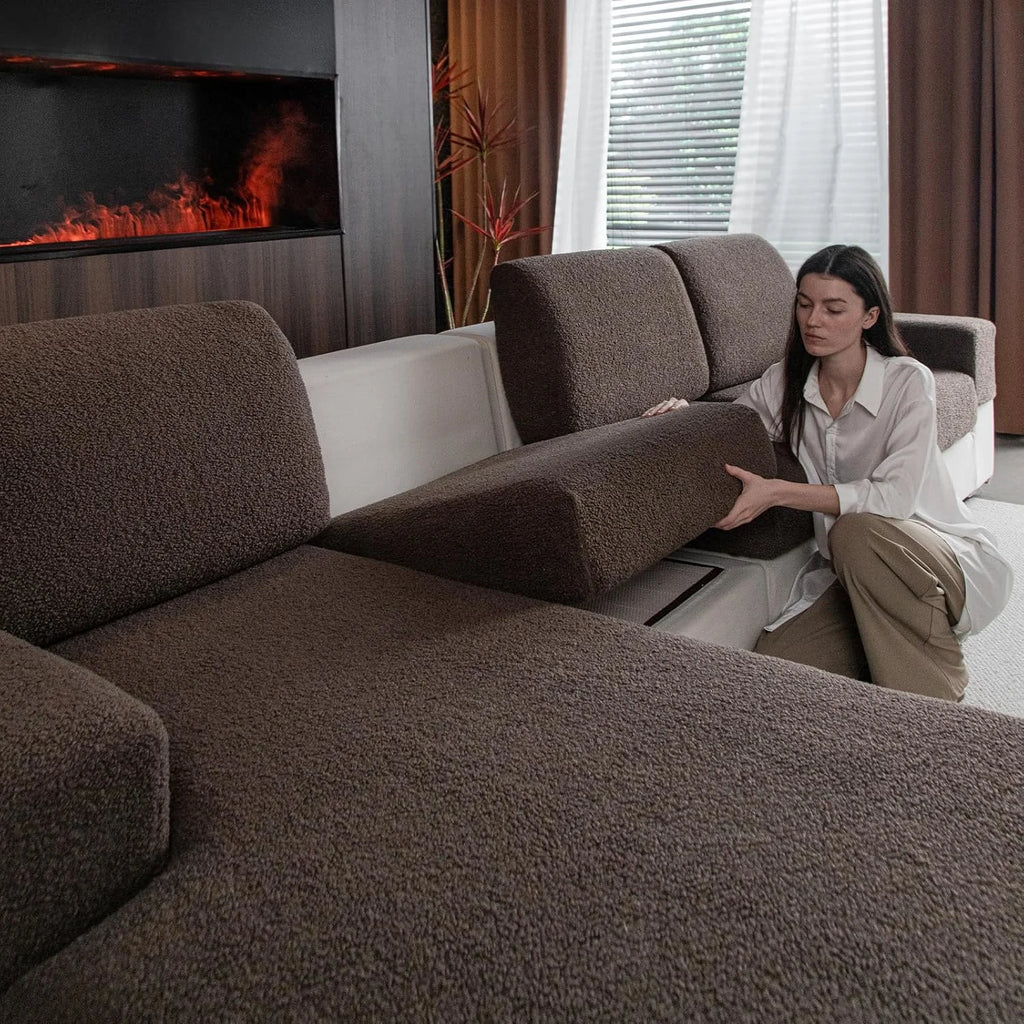 Performance Solid Bouclé Stretch Sofa Cushion Cover - Brown