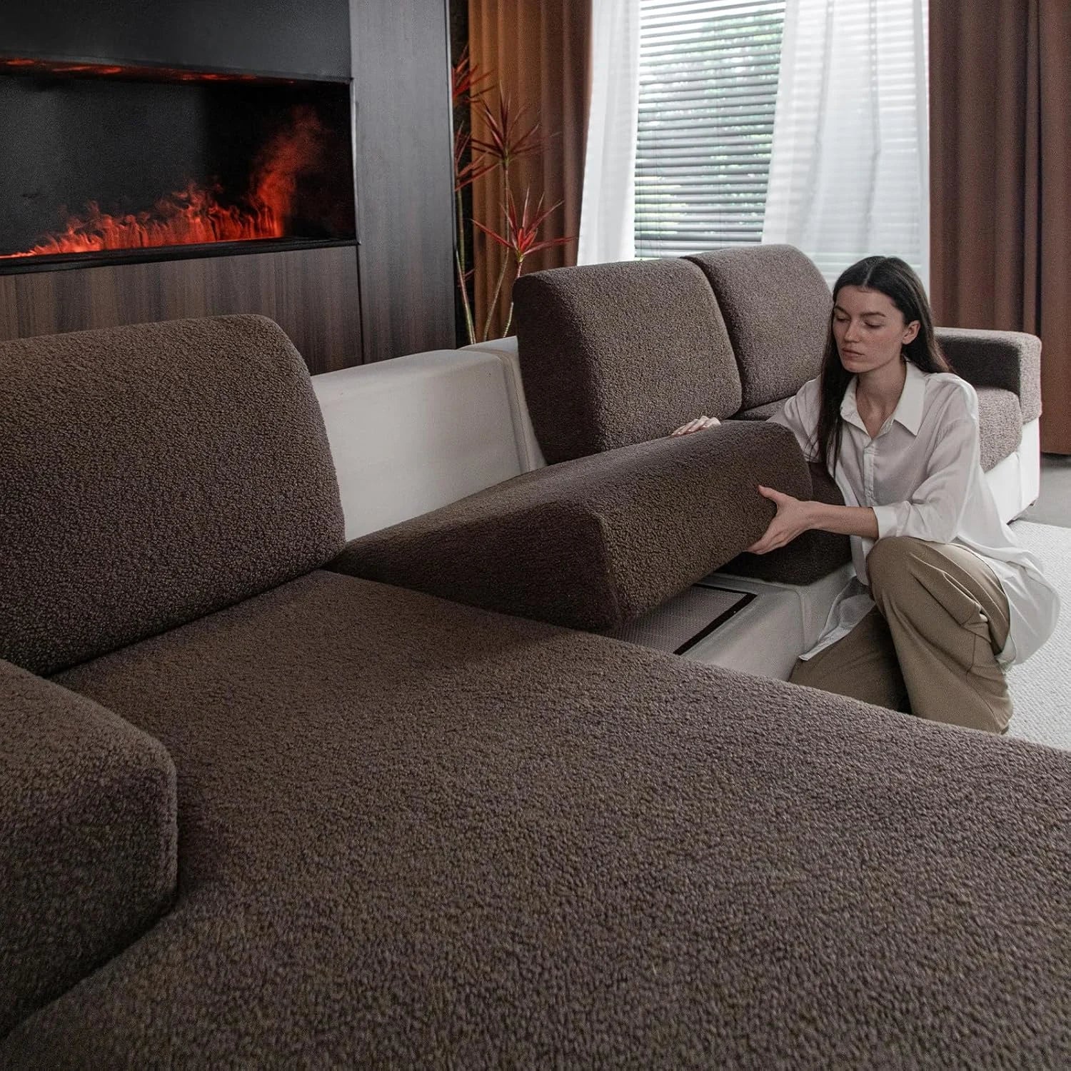Performance Solid Bouclé Stretch Sofa Cushion Cover - Brown