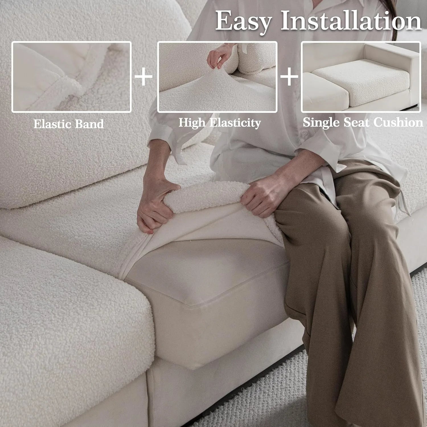 Performance Solid Bouclé Stretch Sofa Cushion Cover - Ivory