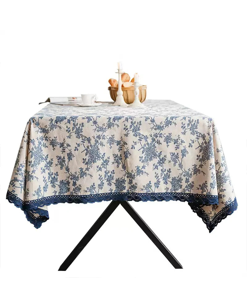 Embroidered Table Cloth for Dining Table | YM · Blue Rose · Navy French Lace