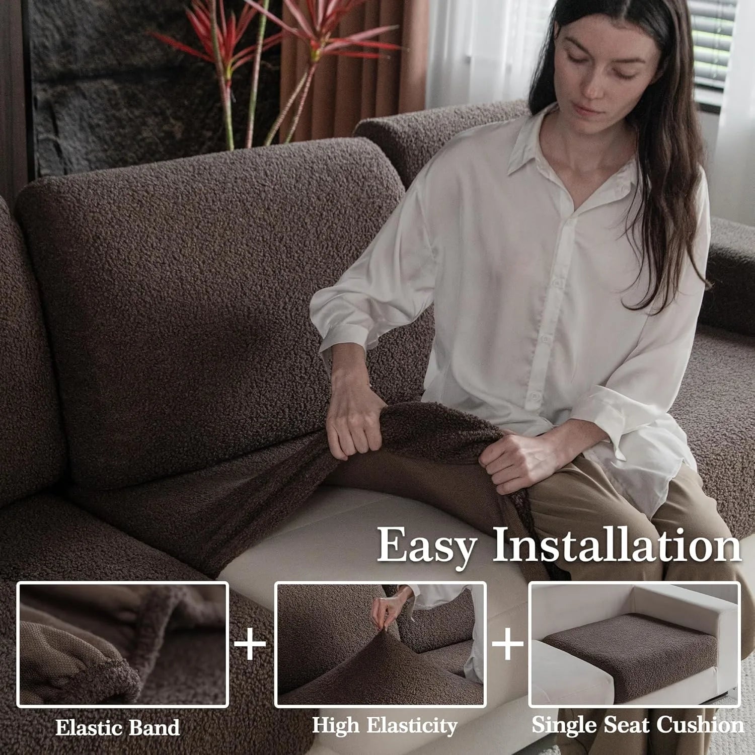 Performance Solid Bouclé Stretch Sofa Cushion Cover - Brown