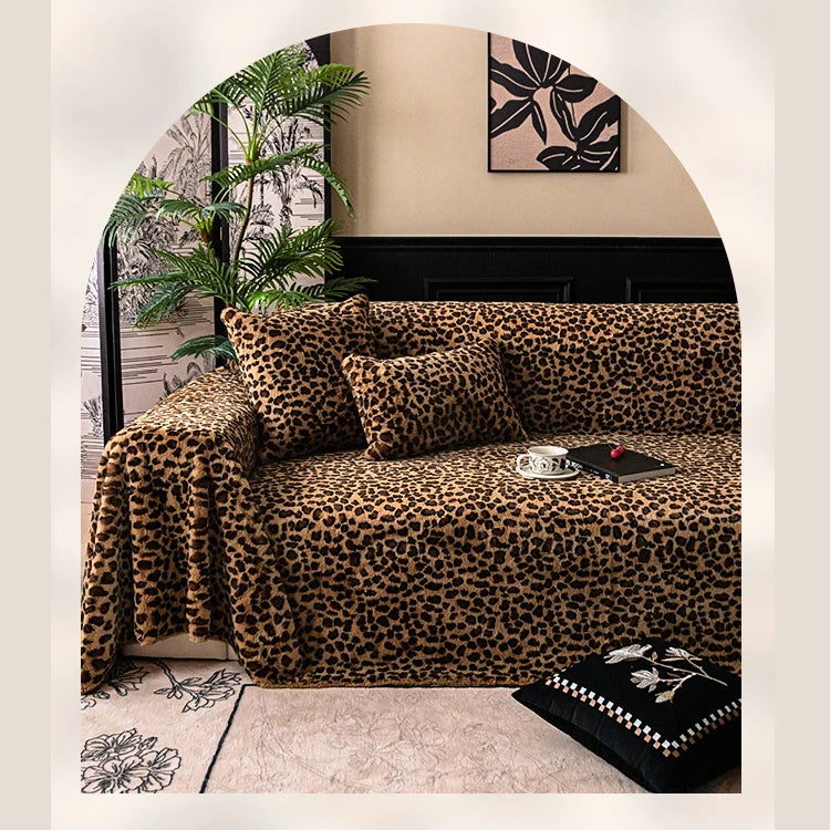 G 903 Leopard Print Plush Fleece Sofa Cover | Luxury Warm Custom Cover
