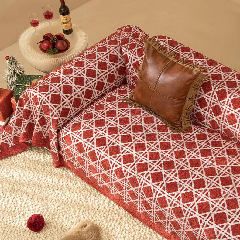 G 9017 Red Checkered Velvet Sofa Cover | Luxury Plaid Couch Cover