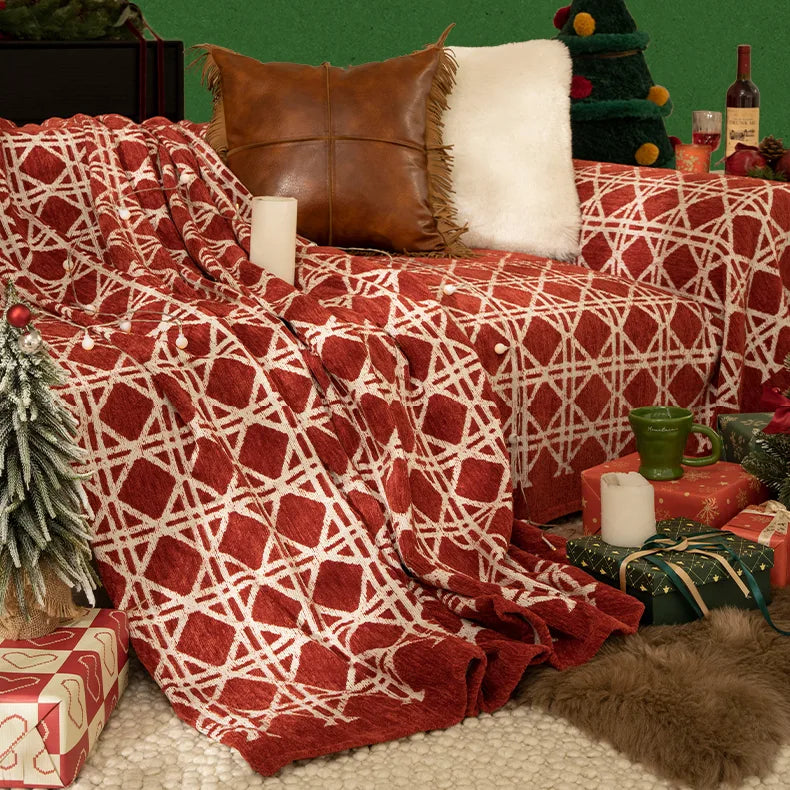 G 9017 Red Checkered Velvet Sofa Cover | Luxury Plaid Couch Cover