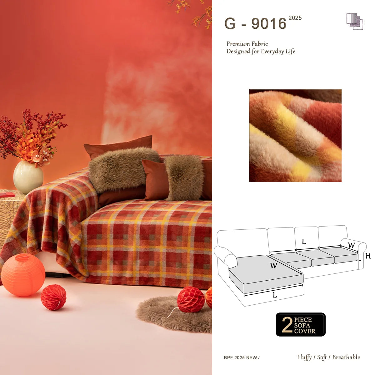 G 9016 Red Luck Grid Fur-Free Sofa Cover | Retro Plaid Custom Cover