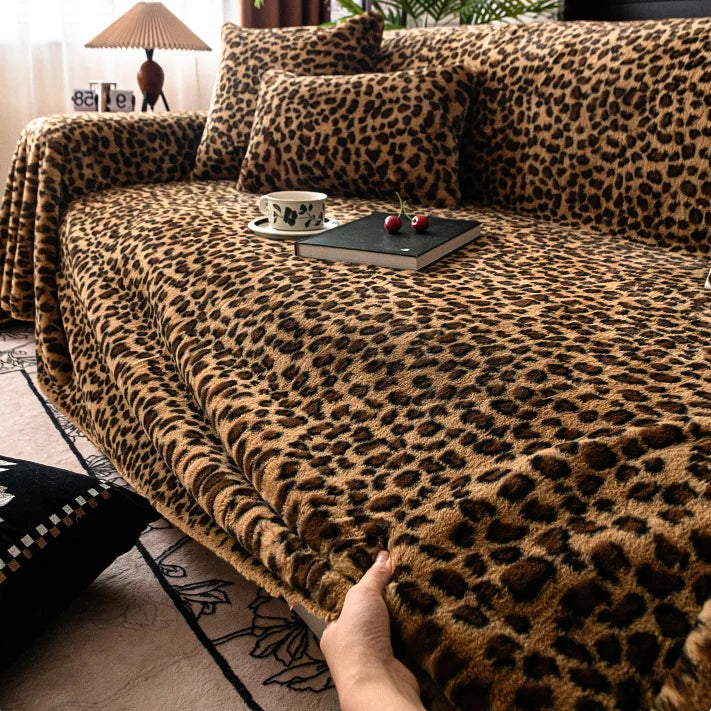 G 903 Leopard Print Plush Fleece Sofa Cover | Luxury Warm Custom Cover