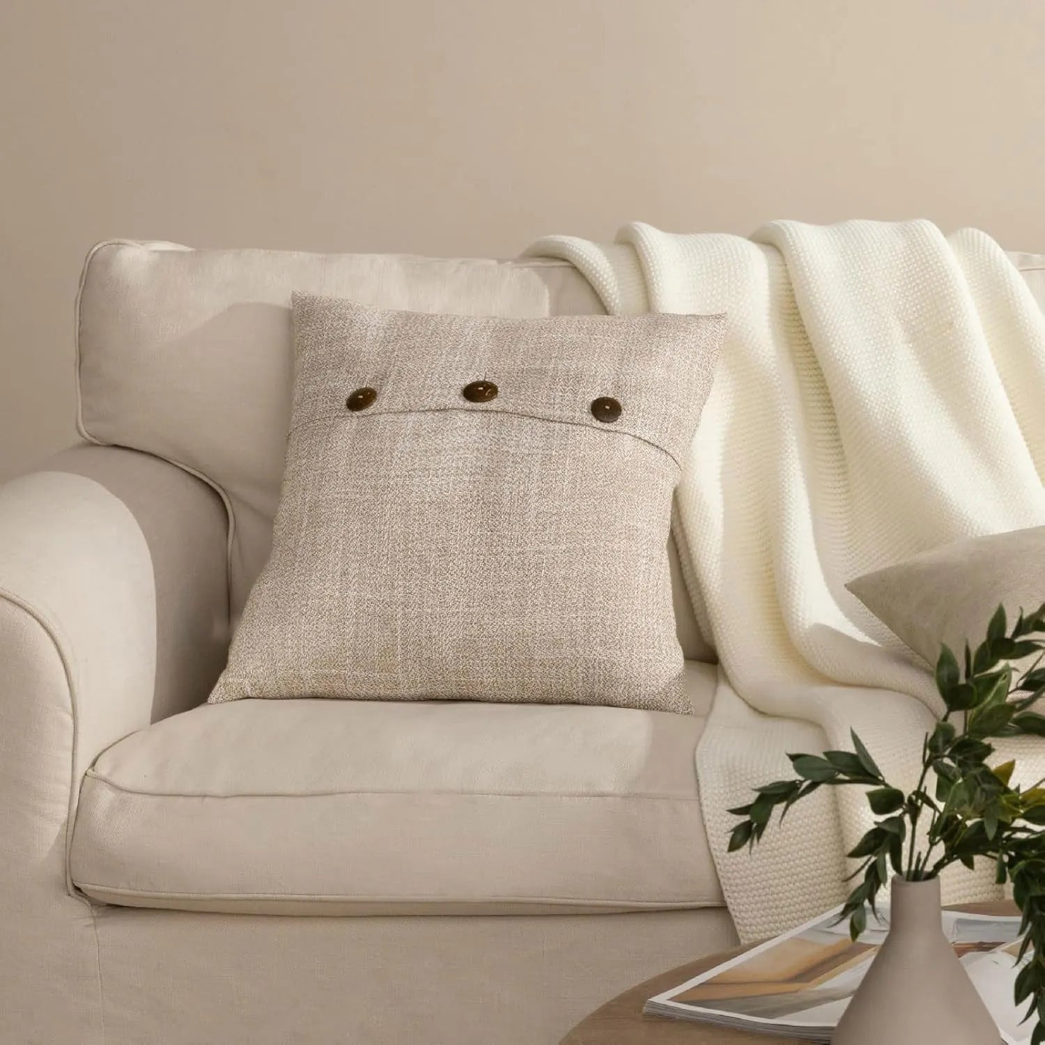 Vintage Triple Button Linen Throw Pillowcase 2 Pack - Beige