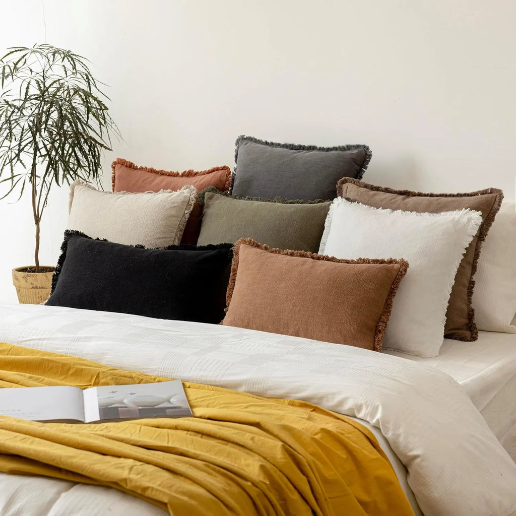 Solid Neutral Linen Fringe Throw Pillowcase 2 Pack - Black