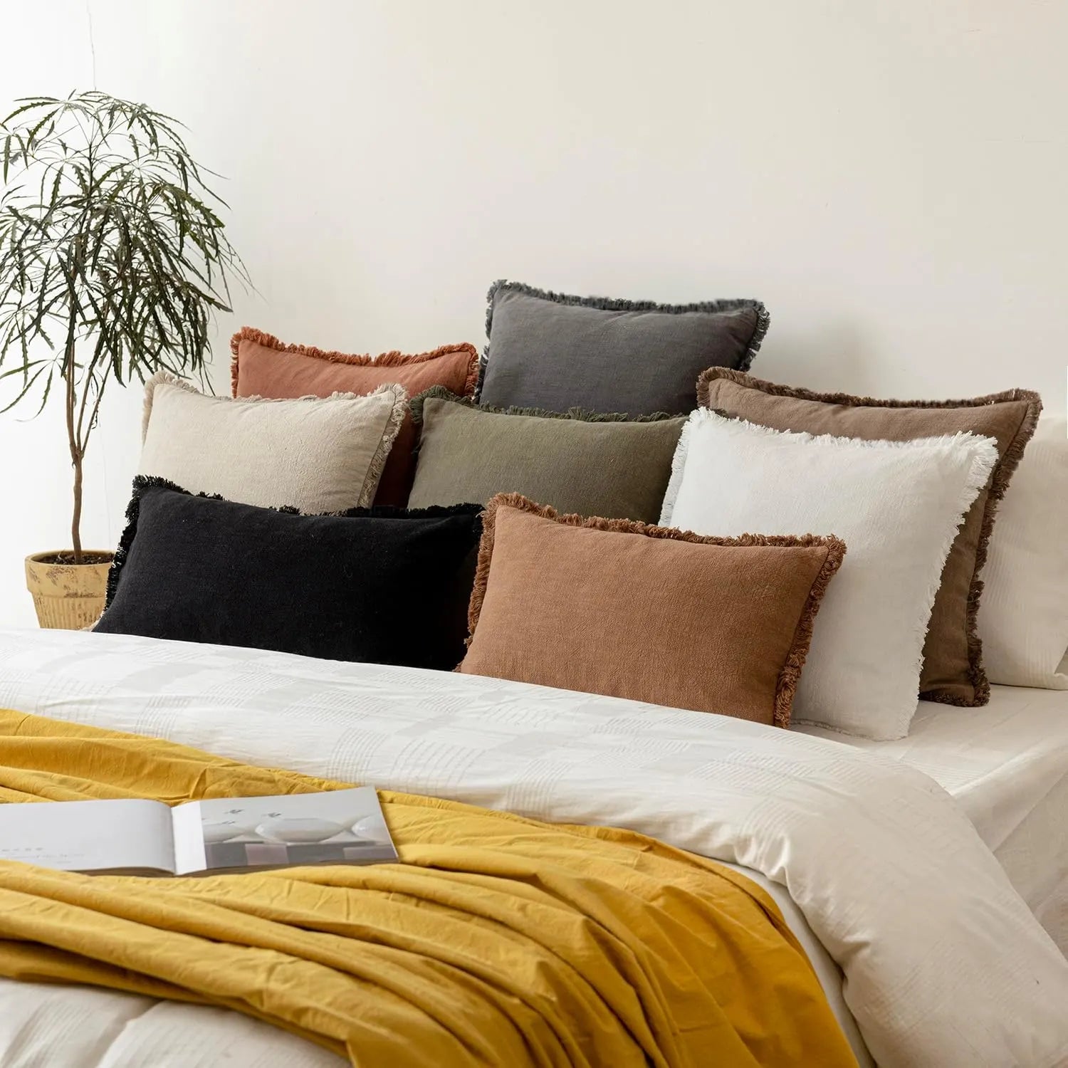 Solid Neutral Linen Fringe Throw Pillowcase 2 Pack - Black