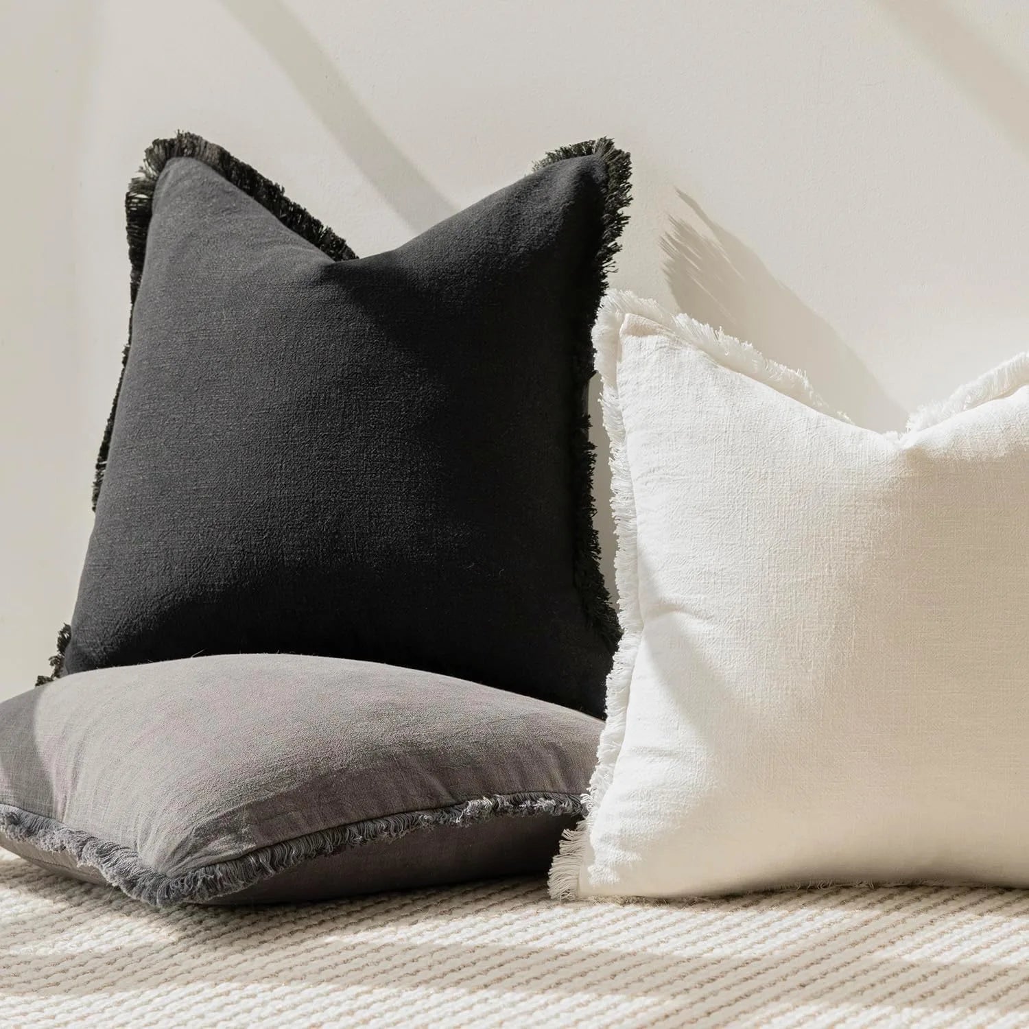 Solid Neutral Linen Fringe Throw Pillowcase 2 Pack - Black