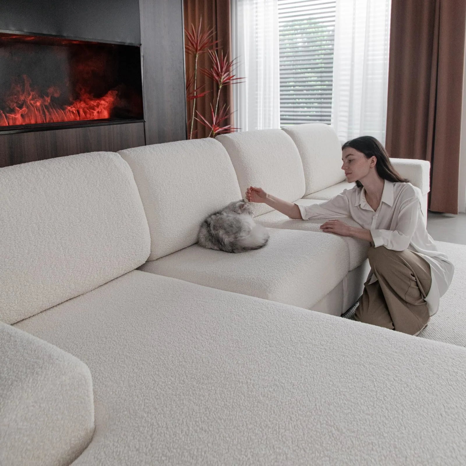 Performance Solid Bouclé Stretch Sofa Cushion Cover - Ivory