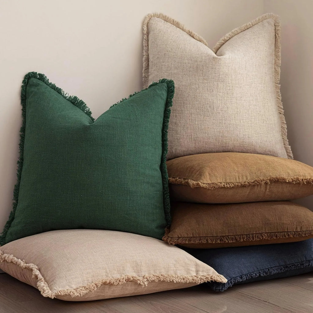 Solid Neutral Linen Fringe Throw Pillowcase 2 Pack - Abundant Green