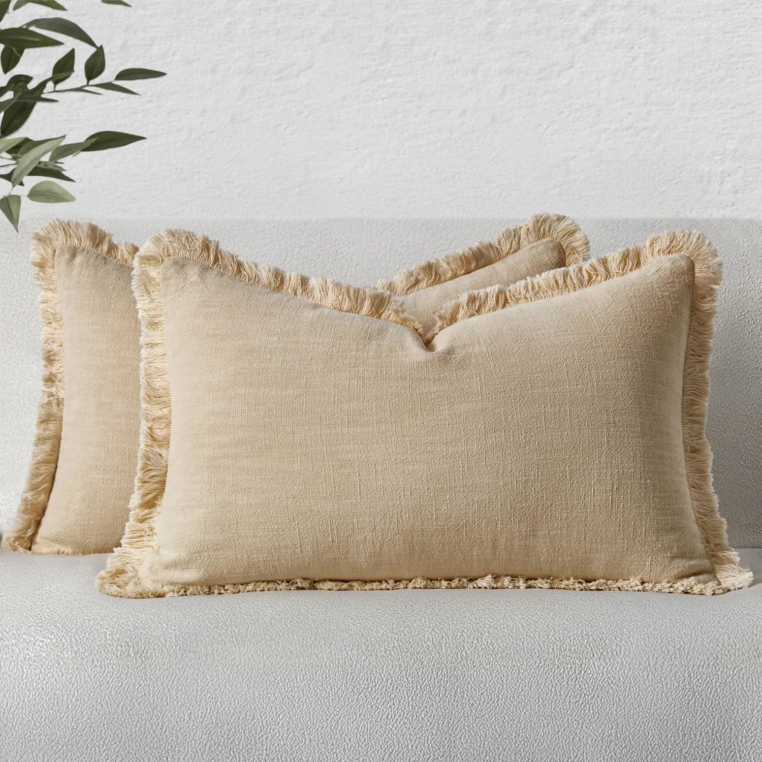 Solid Neutral Linen Fringe Throw Pillowcase 2 Pack - Beige