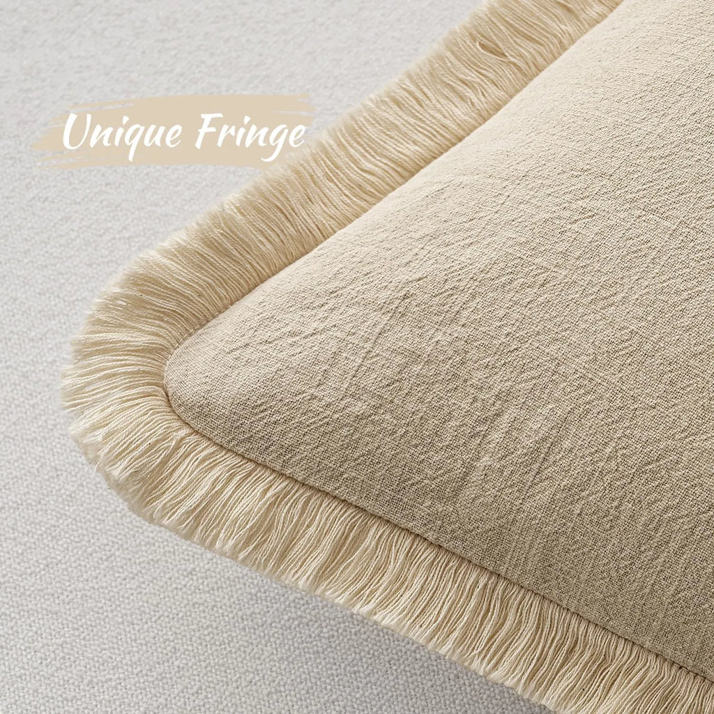 Solid Neutral Linen Fringe Throw Pillowcase 2 Pack - Beige