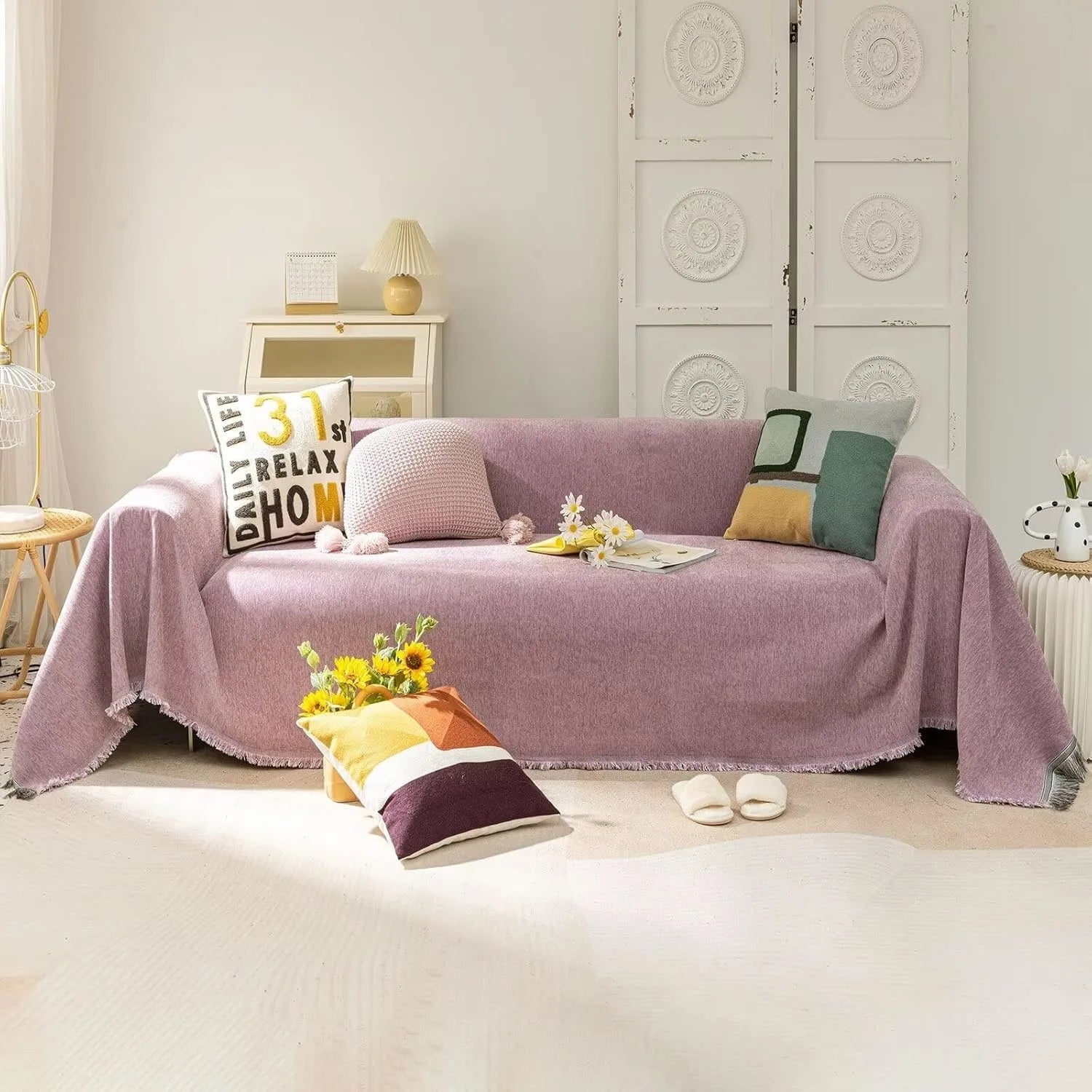 Soild Couch Cover In Tassel Purple