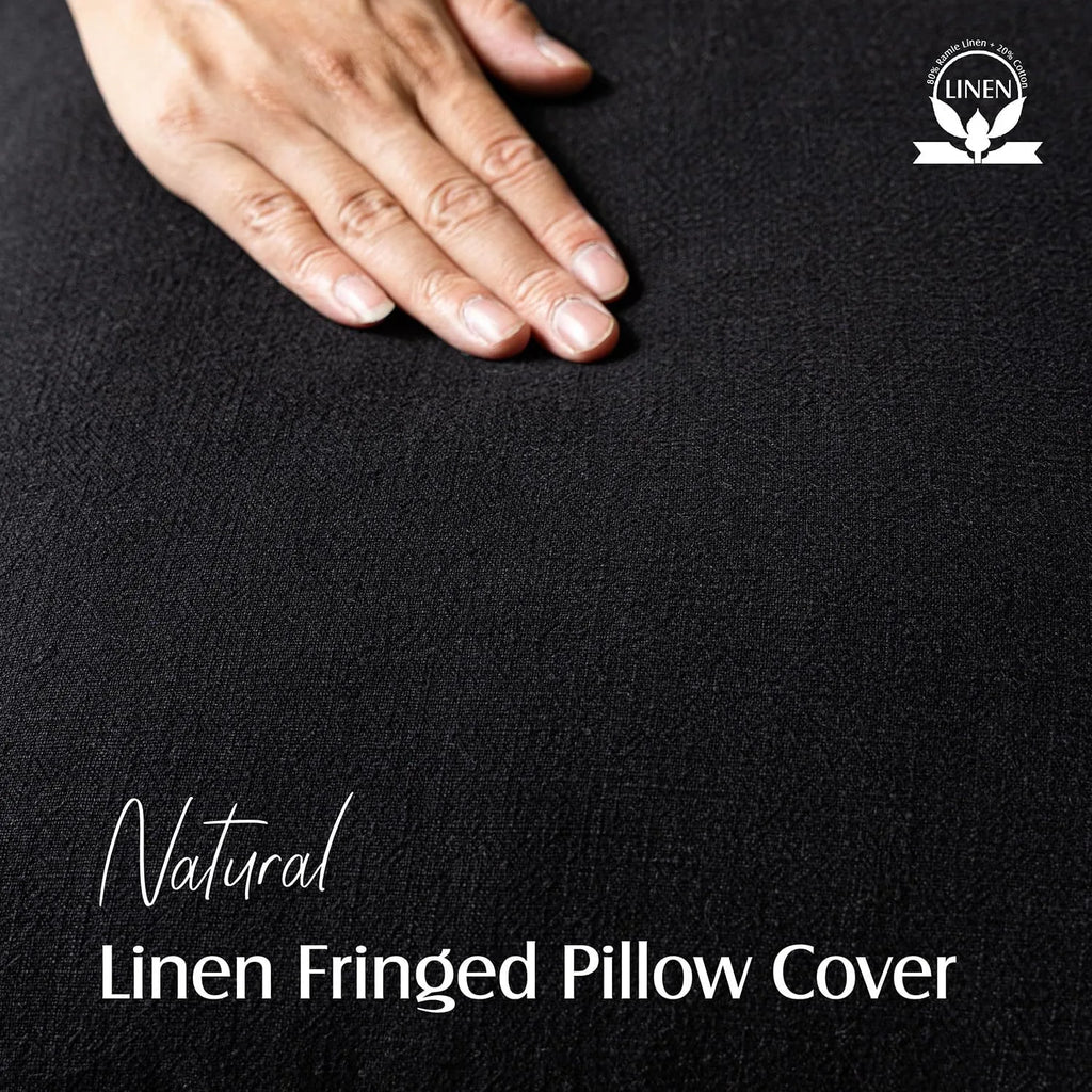 Solid Neutral Linen Fringe Throw Pillowcase 2 Pack - Black
