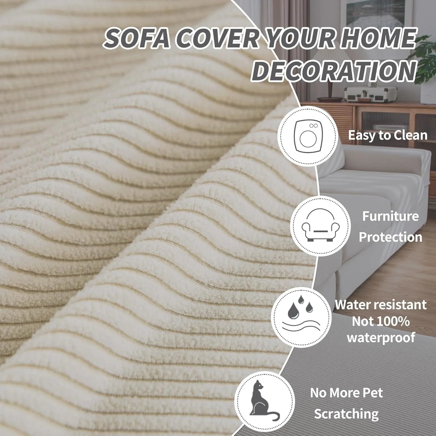 Performance Solid Striped Stretch Sofa Cushion Cover - Ivory