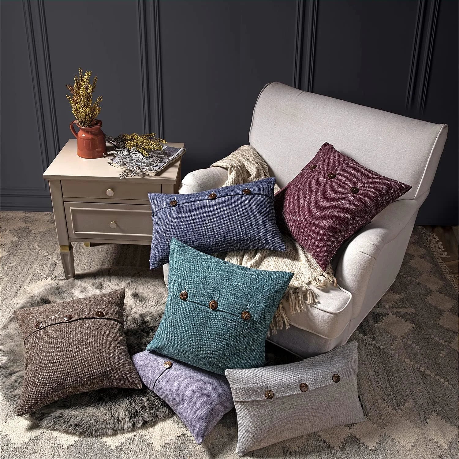 Vintage Triple Button Linen Throw Pillowcase 2 Pack - Navy Blue