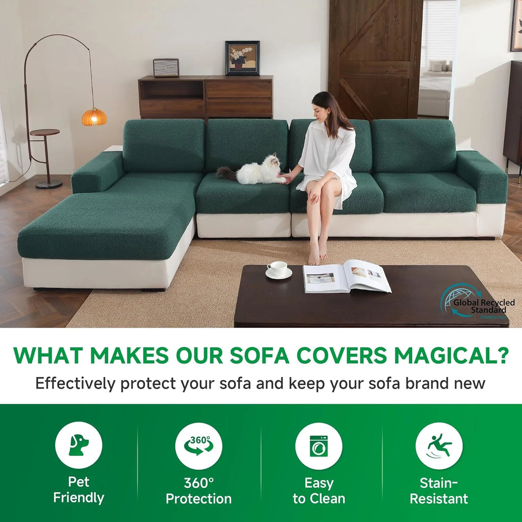 Performance Solid Bouclé Stretch Sofa Cushion Cover - Green