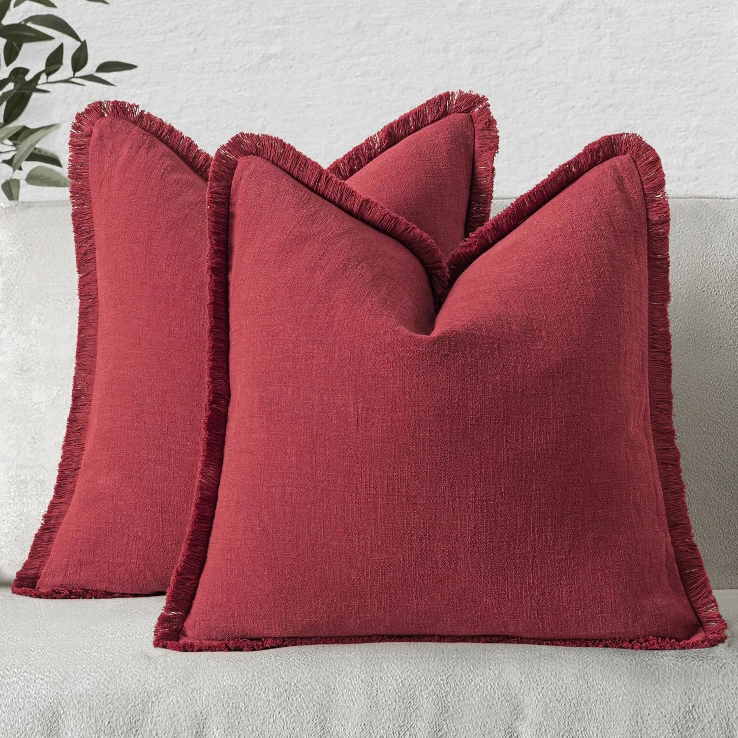 Solid Neutral Linen Fringe Throw Pillowcase 2 Pack - Burgundy
