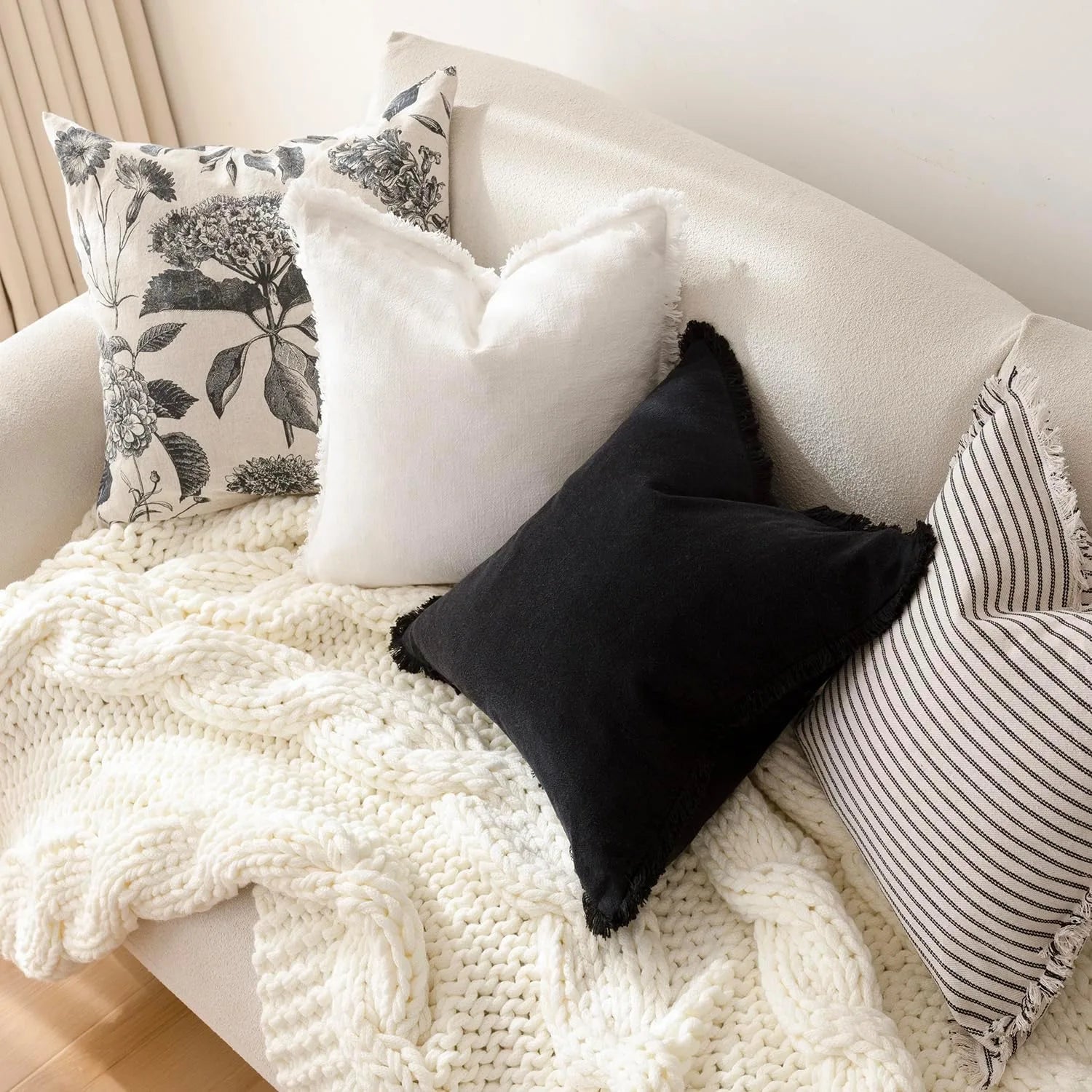 Solid Neutral Linen Fringe Throw Pillowcase 2 Pack - Black