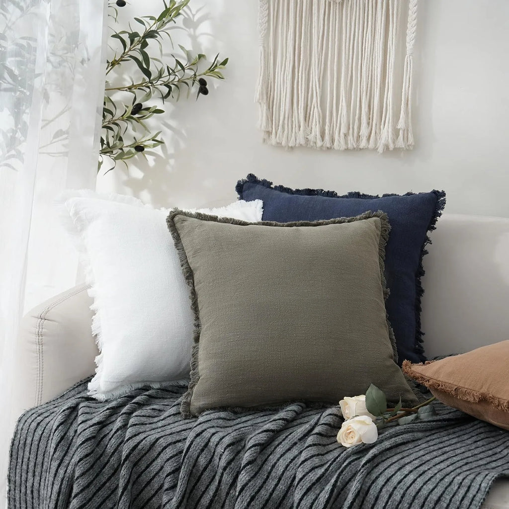 Solid Neutral Linen Fringe Throw Pillowcase 2 Pack - White