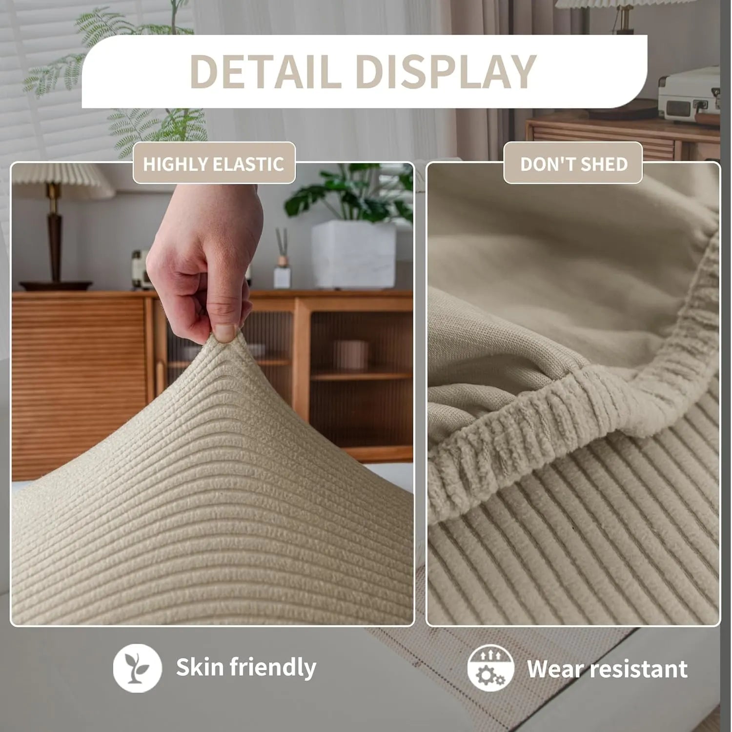 Performance Solid Striped Stretch Sofa Cushion Cover - Light Brown