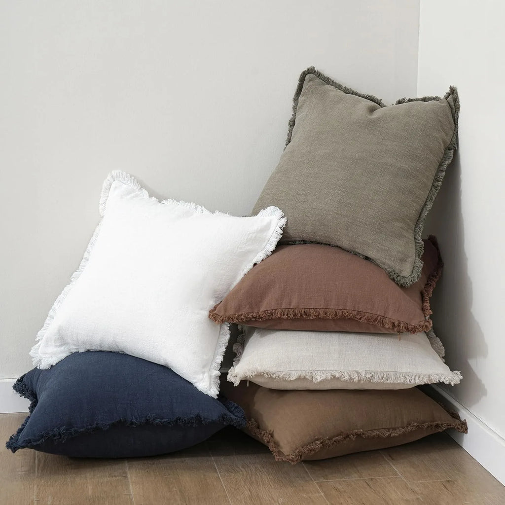 Solid Neutral Linen Fringe Throw Pillowcase 2 Pack - White