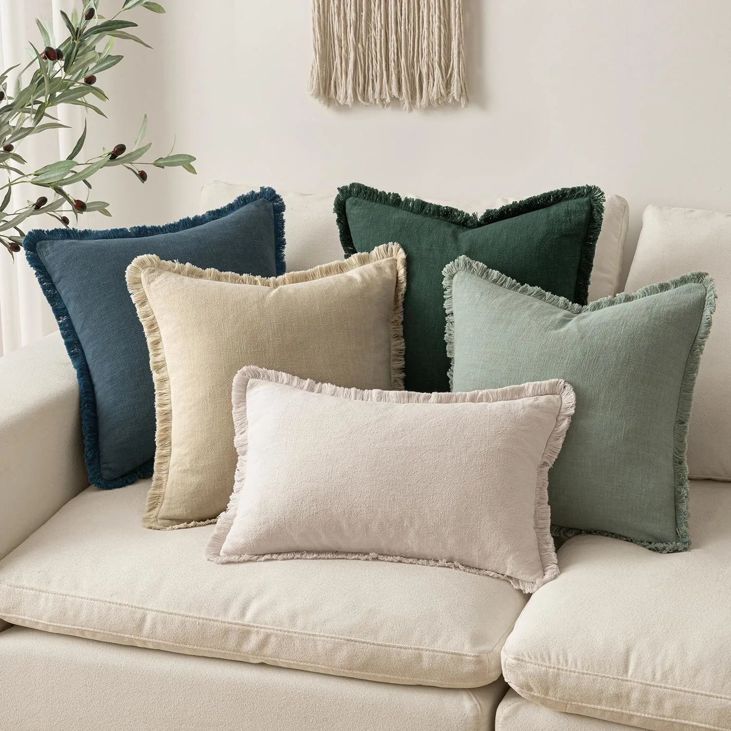 Solid Neutral Linen Fringe Throw Pillowcase 2 Pack - Beige
