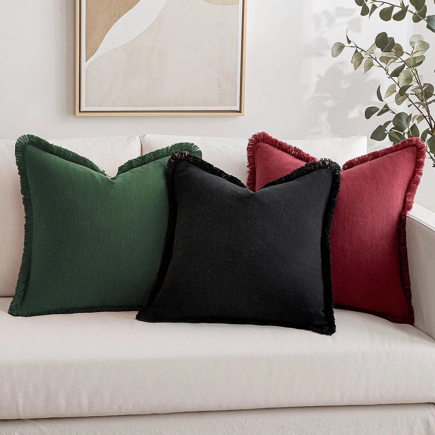 Solid Neutral Linen Fringe Throw Pillowcase 2 Pack - Burgundy