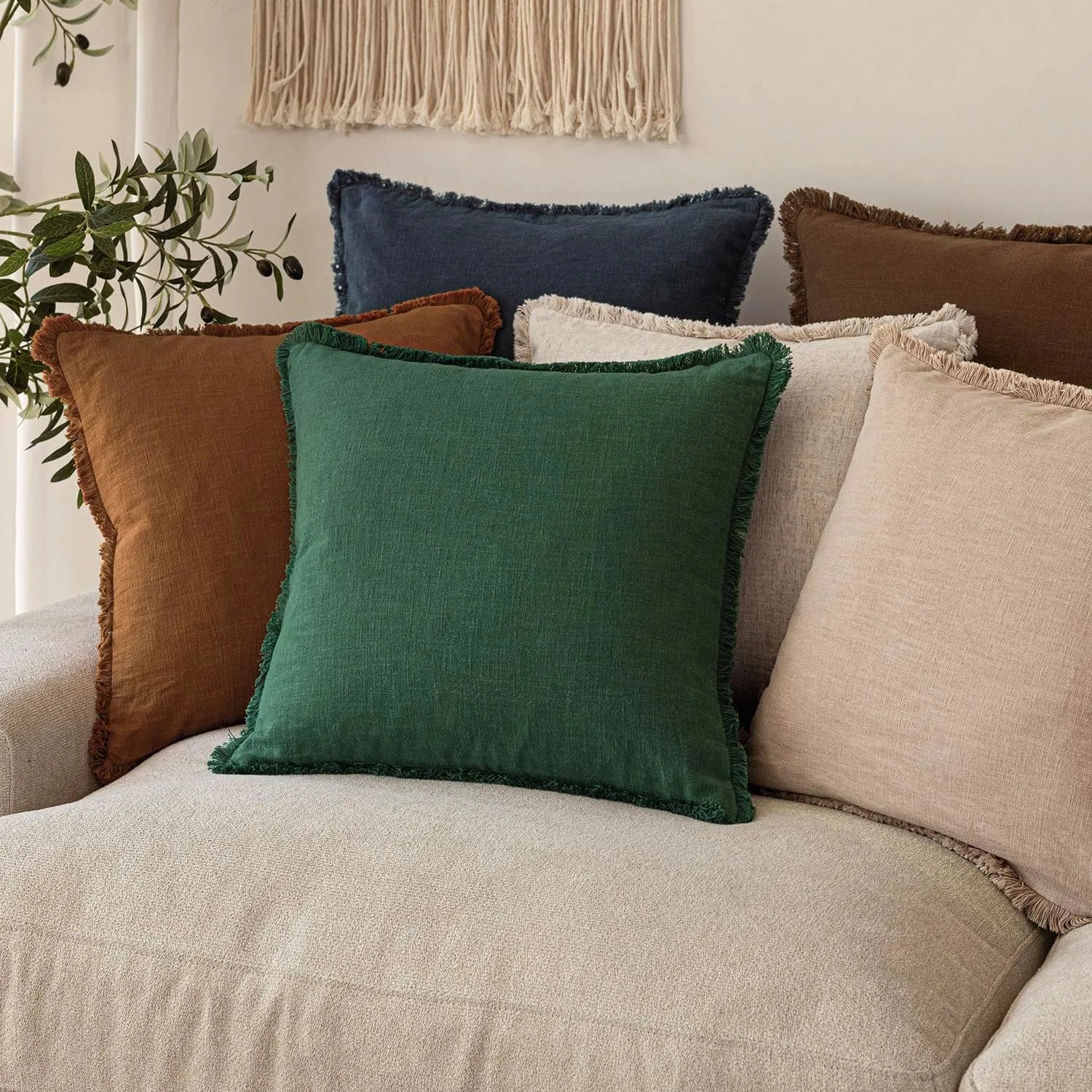 Solid Neutral Linen Fringe Throw Pillowcase 2 Pack - Abundant Green