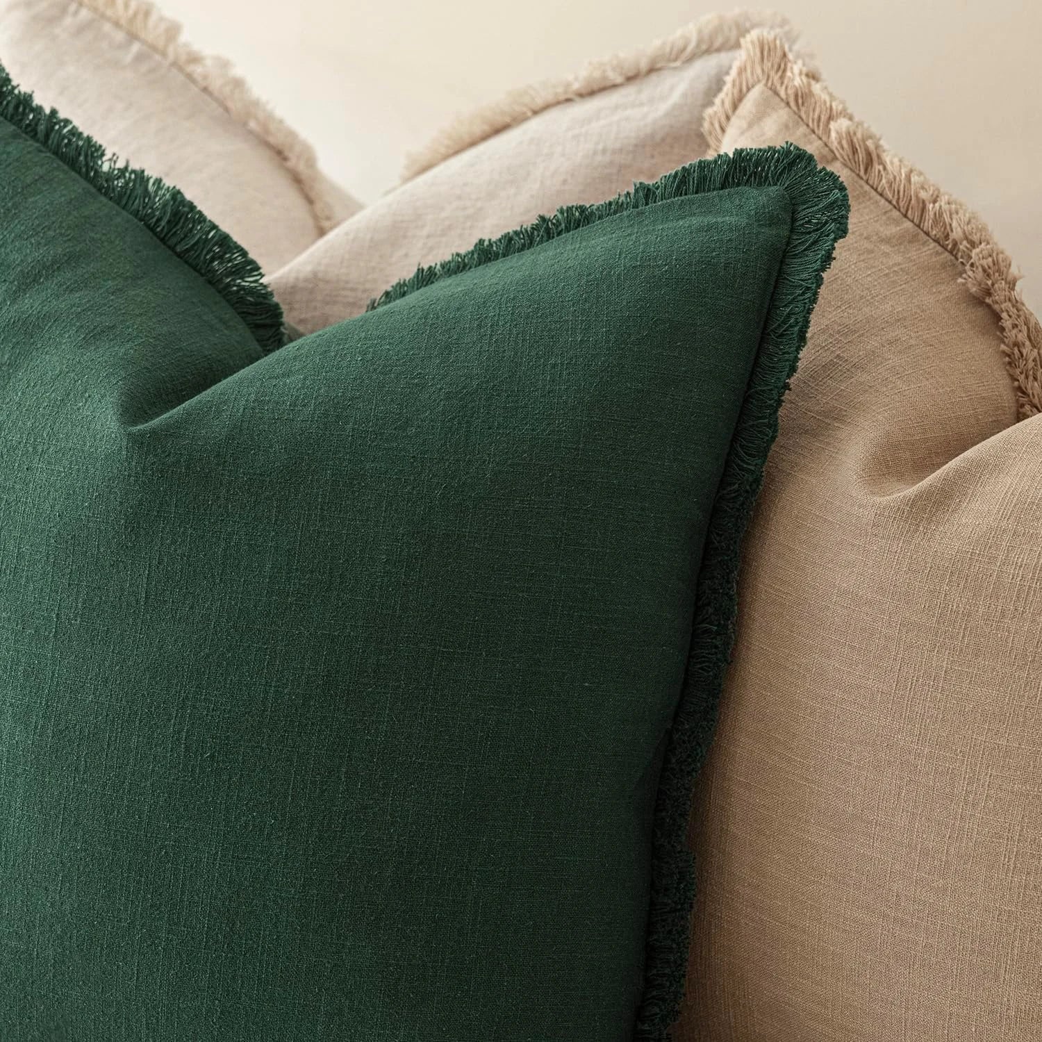 Solid Neutral Linen Fringe Throw Pillowcase 2 Pack - Abundant Green