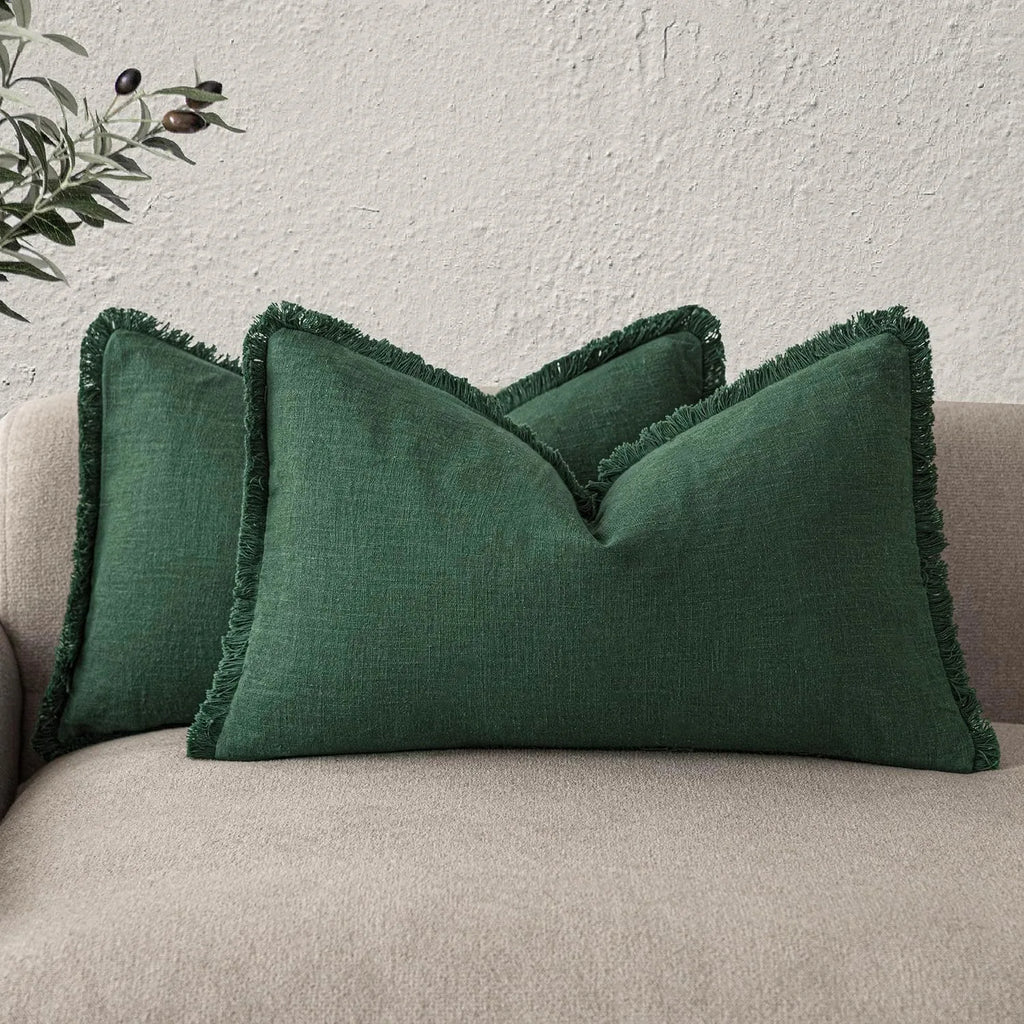 Solid Neutral Linen Fringe Throw Pillowcase 2 Pack - Abundant Green