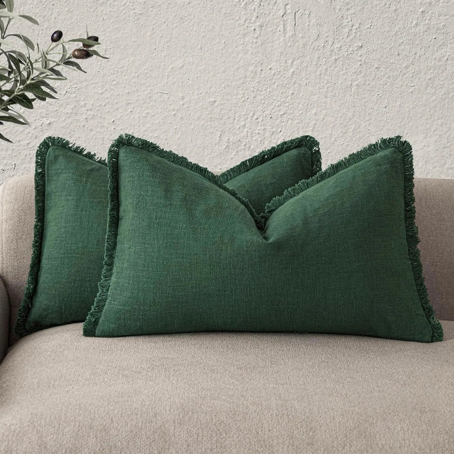 Solid Neutral Linen Fringe Throw Pillowcase 2 Pack - Abundant Green
