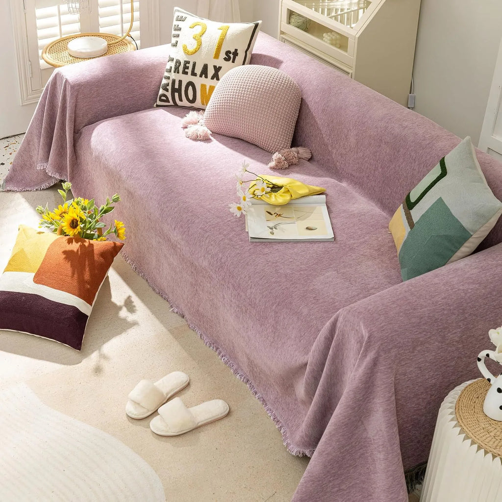 Soild Couch Cover In Tassel Purple
