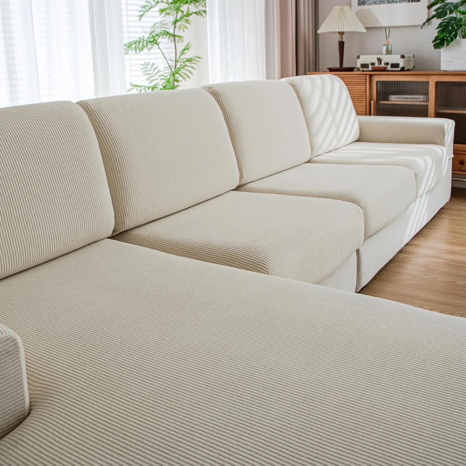 Performance Solid Striped Stretch Sofa Cushion Cover - Ivory