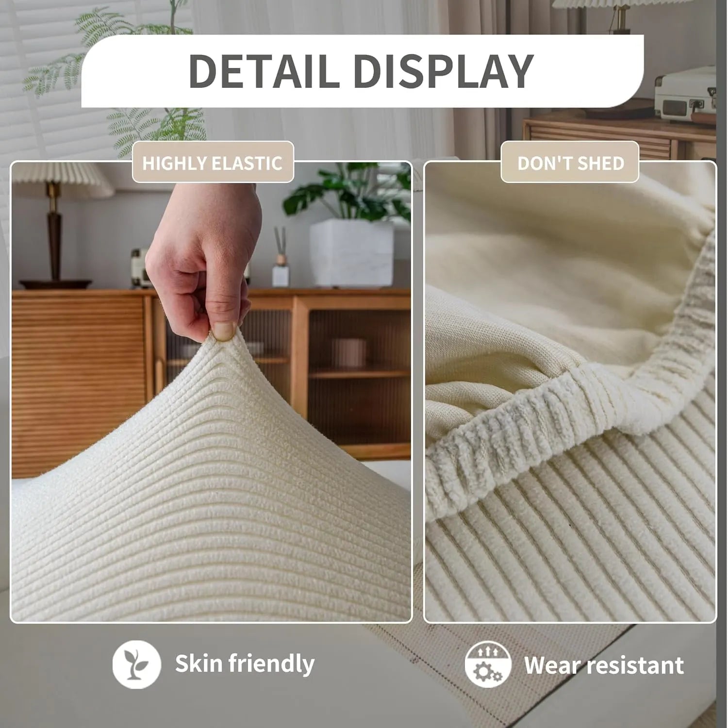 Performance Solid Striped Stretch Sofa Cushion Cover - Ivory