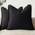 Solid Neutral Linen Fringe Throw Pillowcase 2 Pack - Black