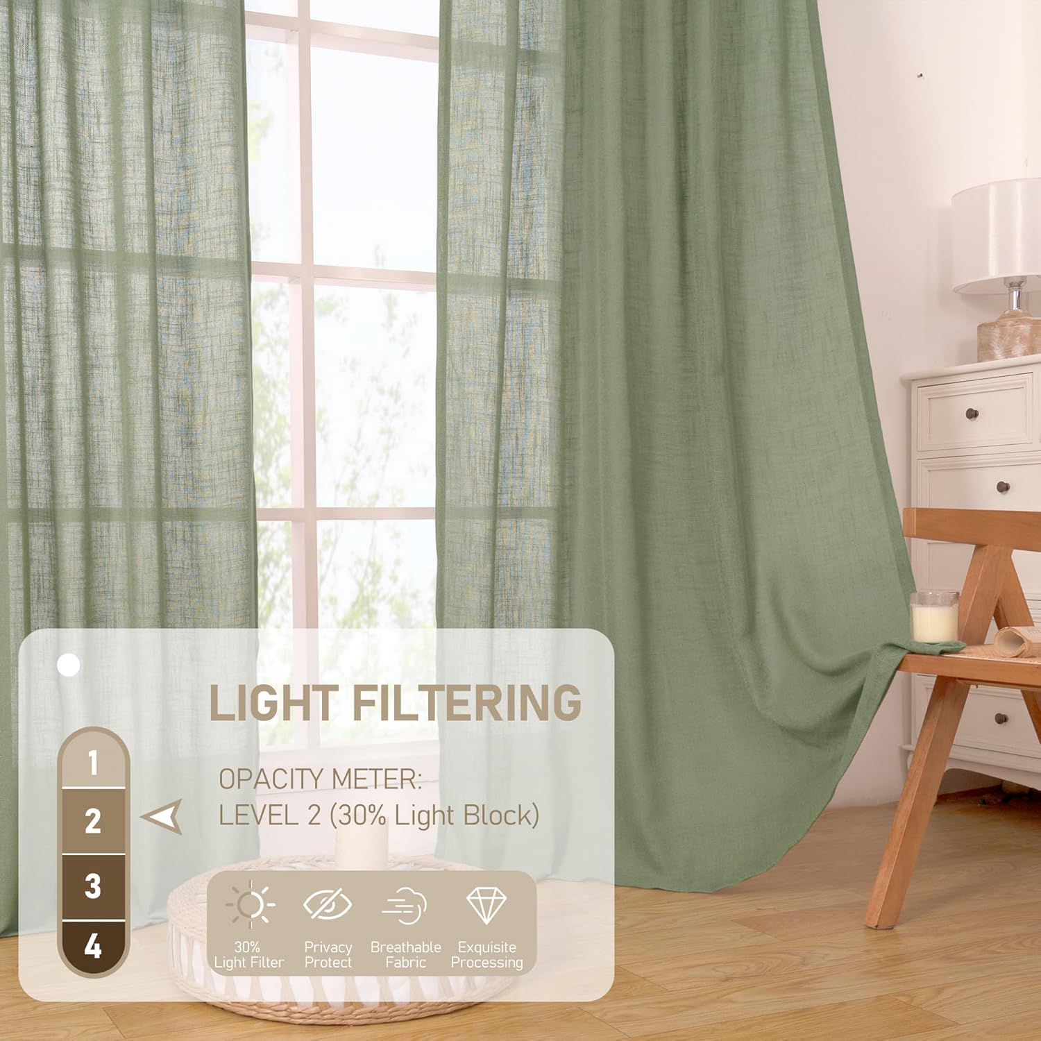 Light filtering Neutral Linen Curtain - Sage Green