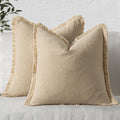Solid Neutral Linen Fringe Throw Pillowcase 2 Pack - Beige