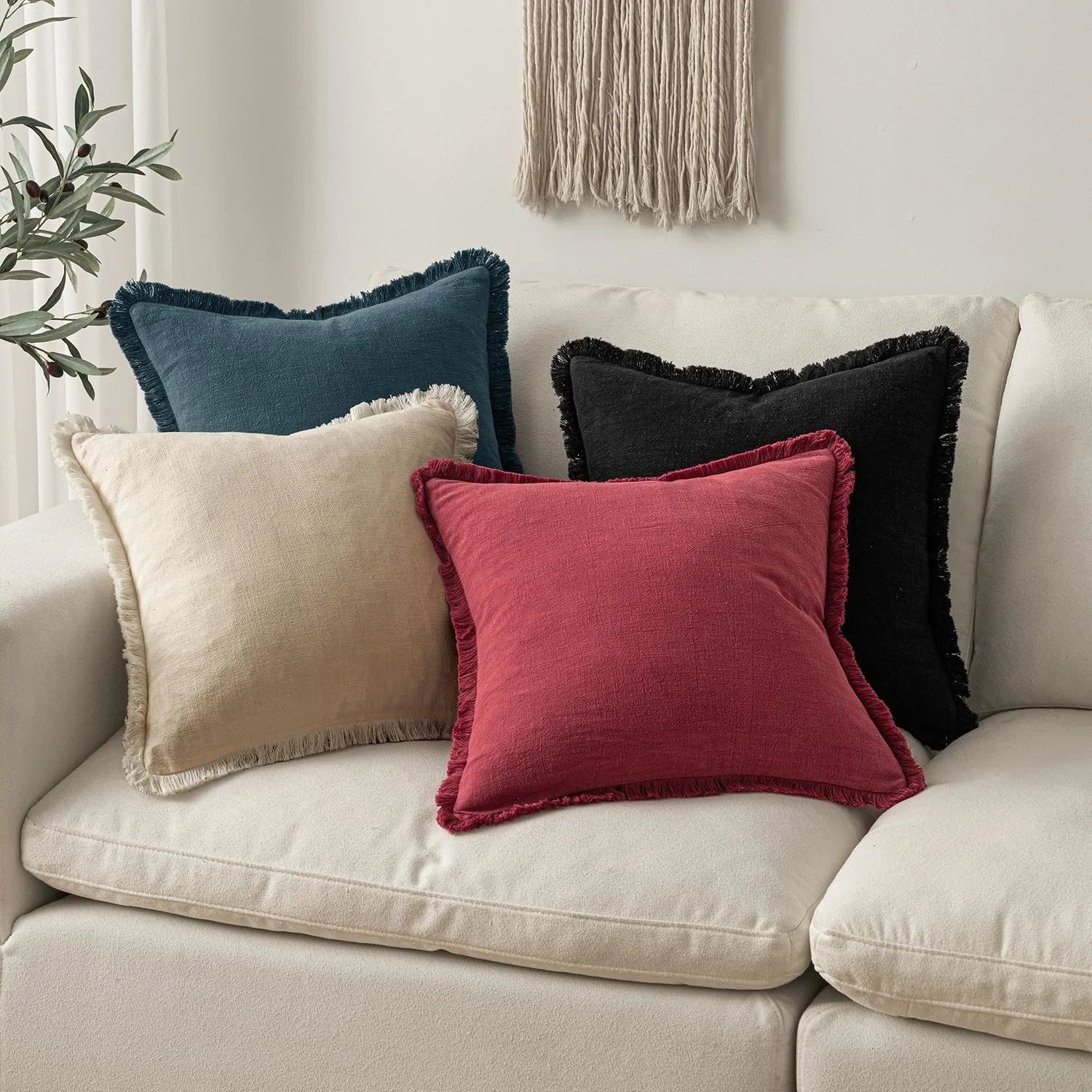 Solid Neutral Linen Fringe Throw Pillowcase 2 Pack - Burgundy