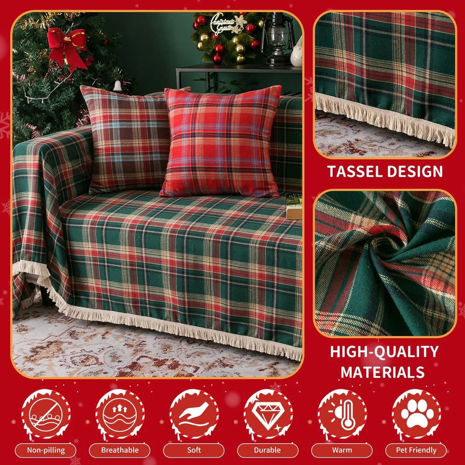 Geometric Couch Cover In Christmas Green/Red