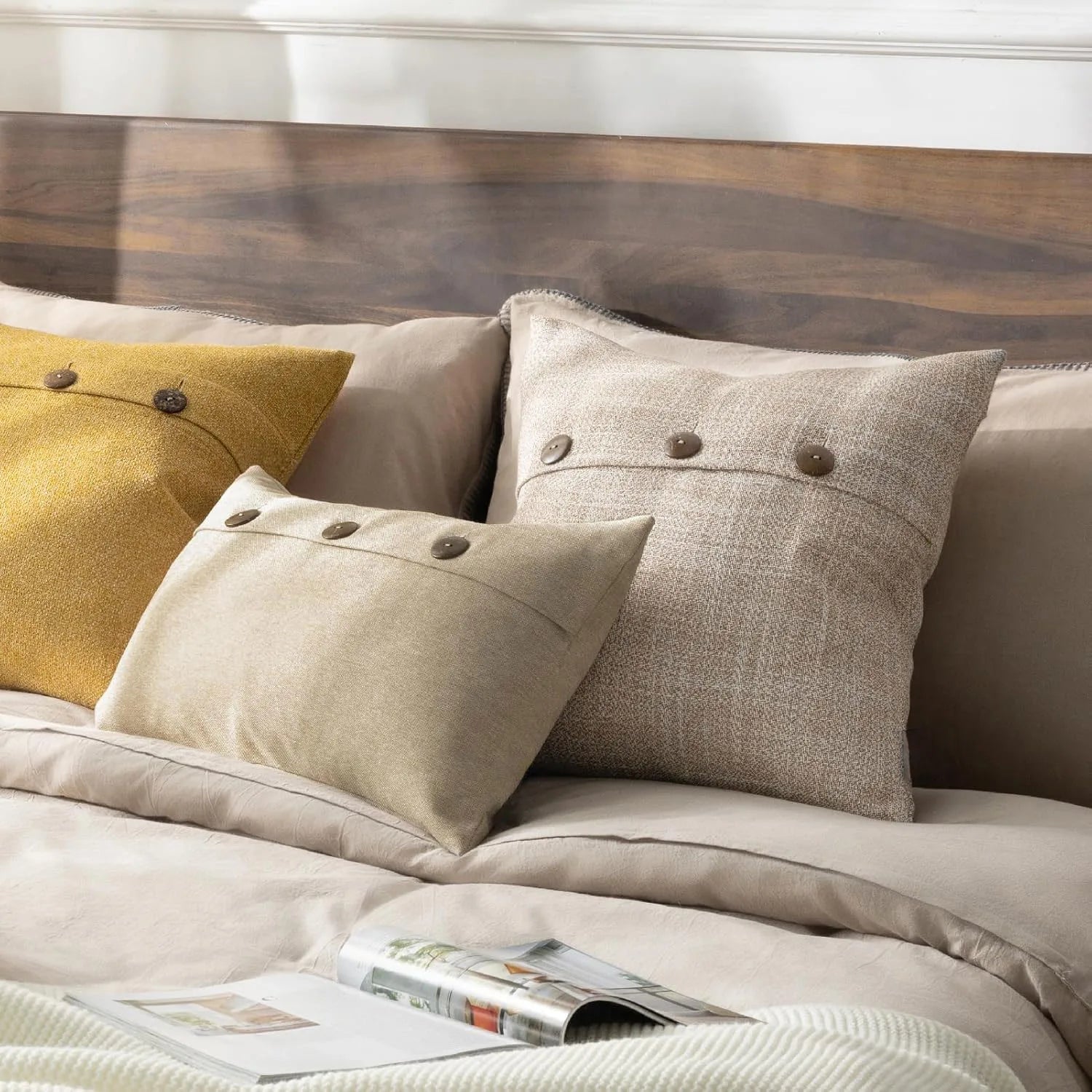 Vintage Triple Button Linen Throw Pillowcase 2 Pack - Beige