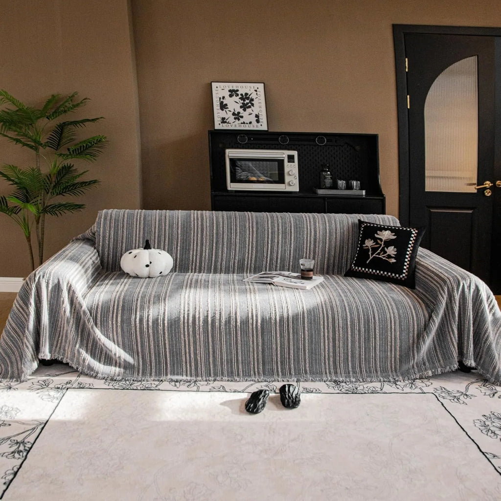 Geometric Couch Cover In Fur Grey /Khaki