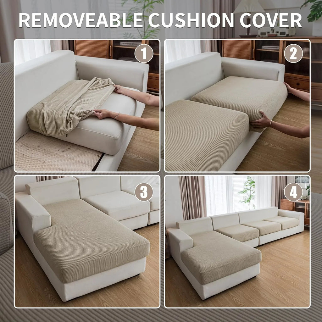 Performance Solid Striped Stretch Sofa Cushion Cover - Light Brown